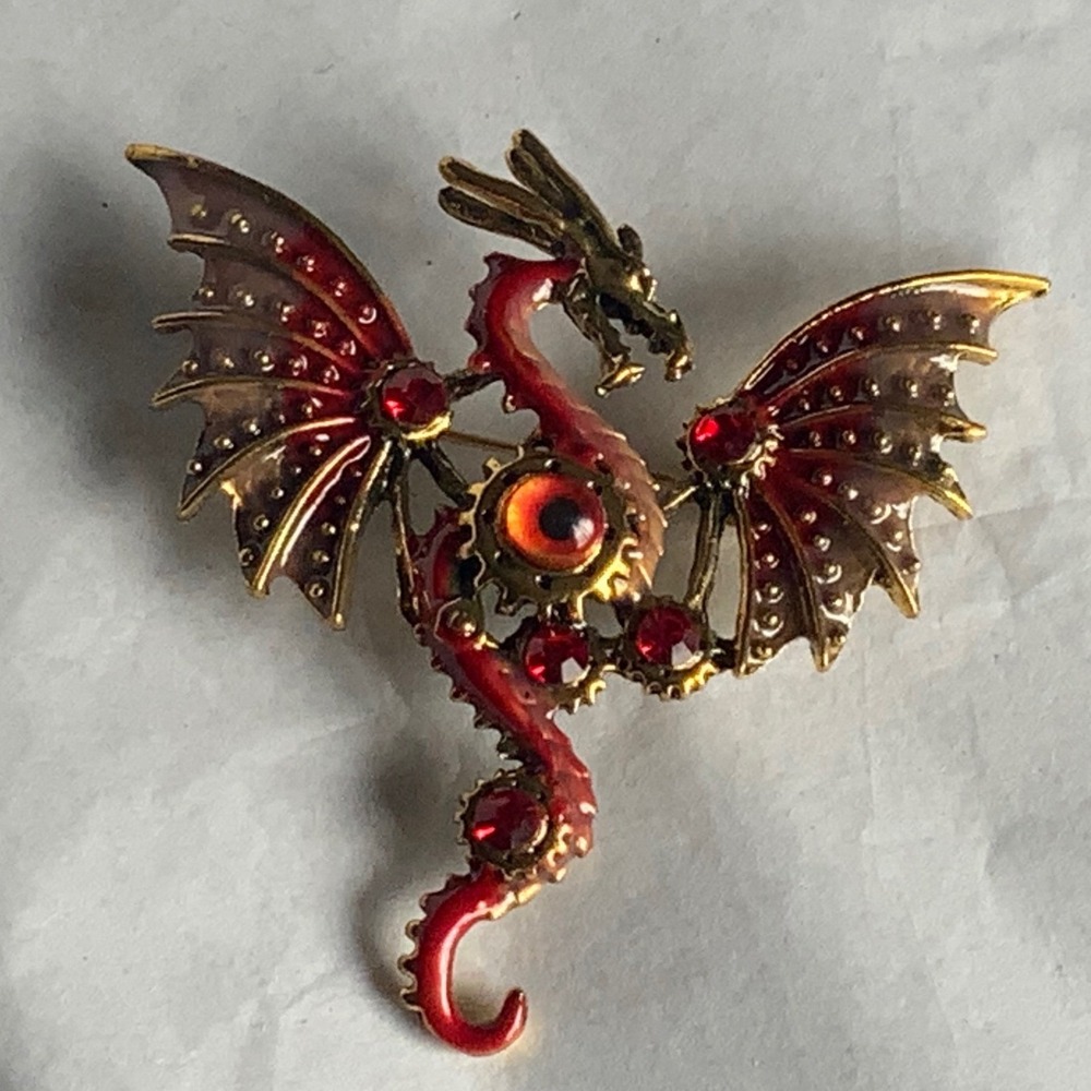 Red Enamel Dragon Brooch Steampunk Gold Tone Gothic Fantasy Glass Eye Pin Badge